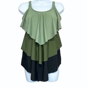 BLOOMCHIC‎ 1 Piece Tiered Swimsuit Womens Size 10 Black Green Beach Vacation